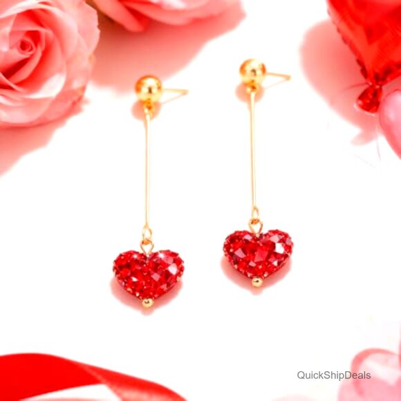 Heart Dangle Earrings with Rhinestones, Lever Back Closure, Valentine's Day Gift - Picture 7 of 7